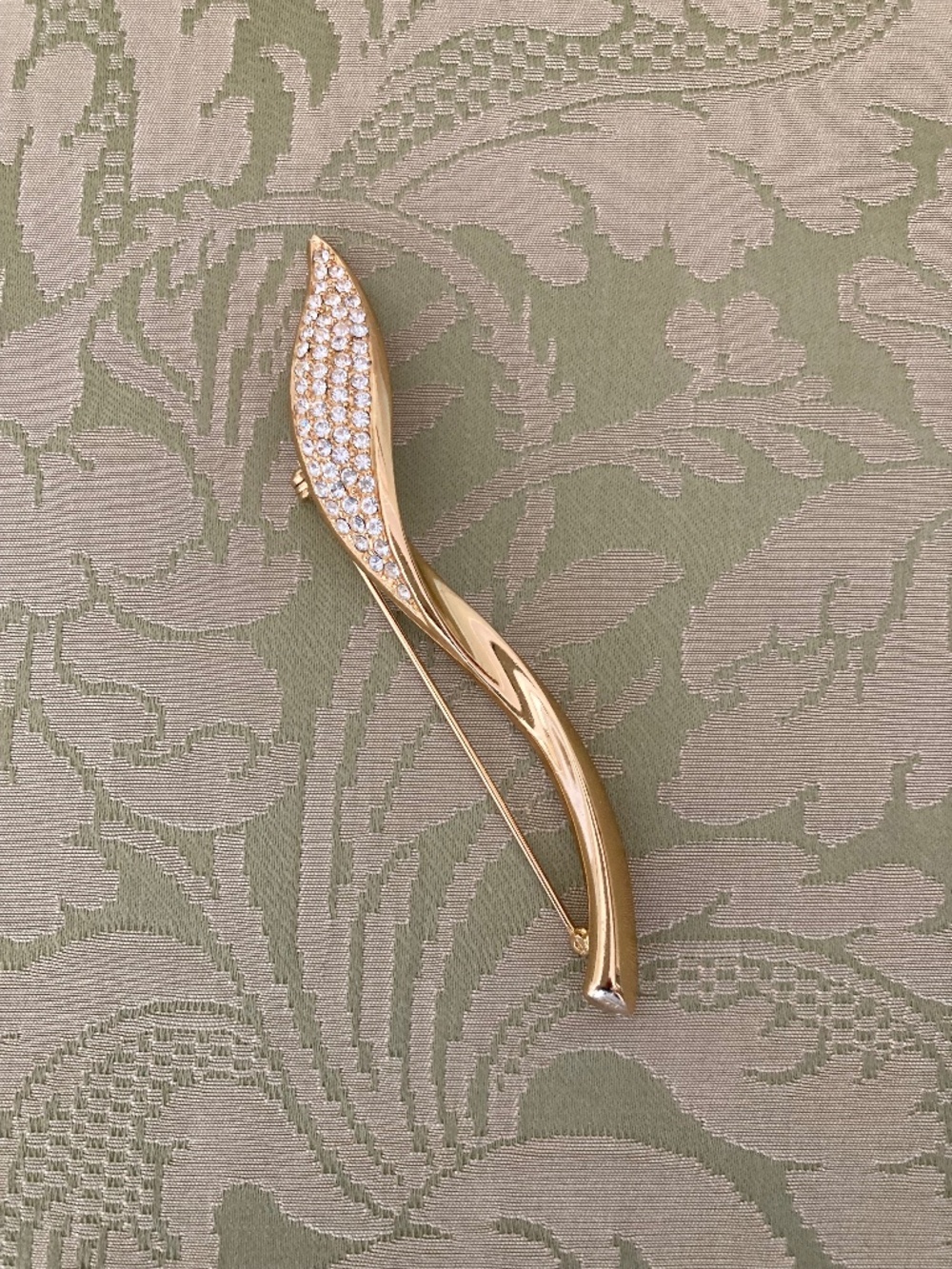 Christian Dior Brooch, long leaf with clear Swarovski pave rhinestones.